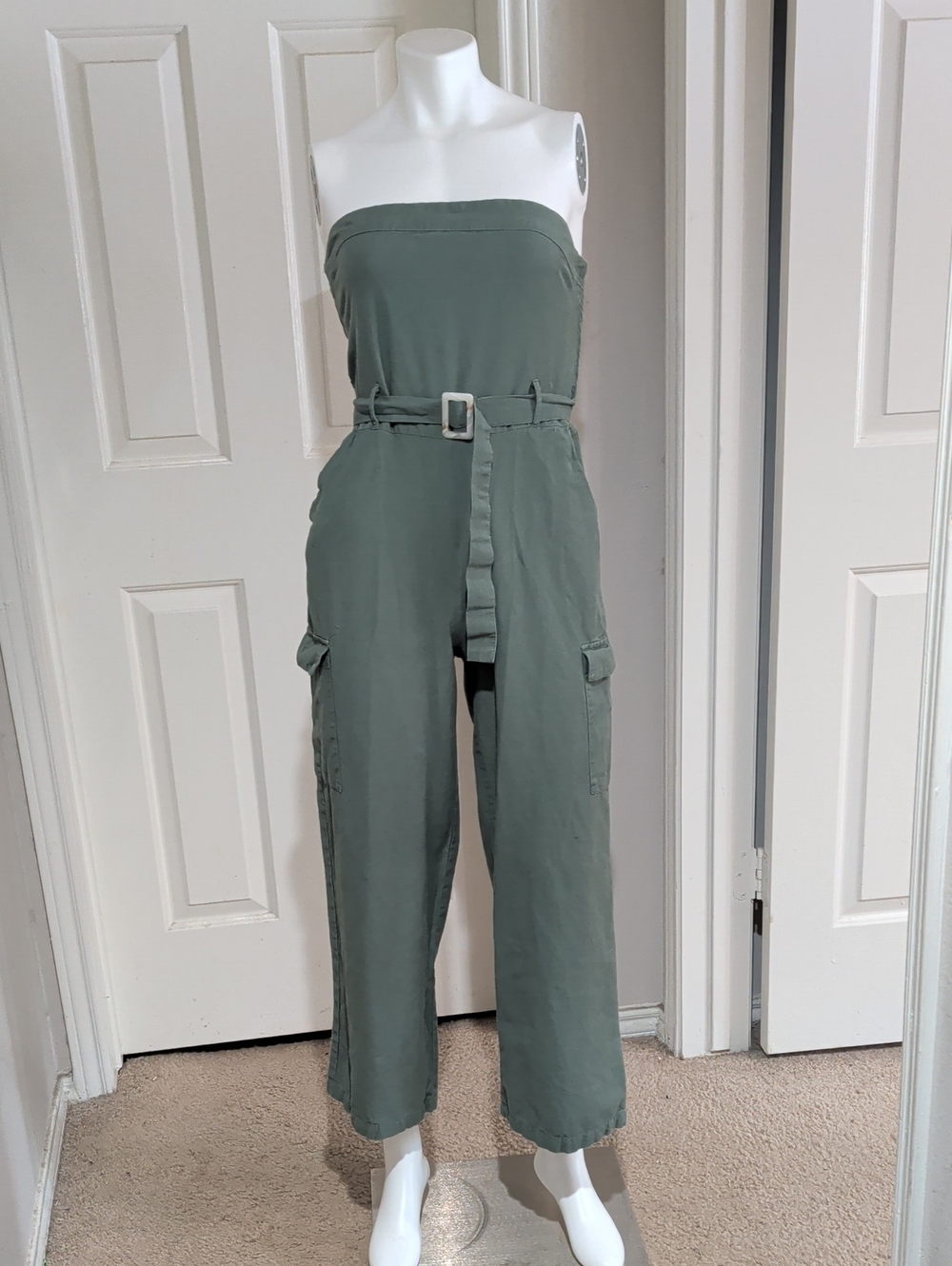 Sim & Sam Strapless Cargo Jumpsuit in Olive Green Women's Medium